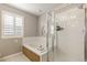 Updated bathroom includes a glass-enclosed shower and separate soaking tub at 9898 Mulberry Way, Highlands Ranch, CO 80129