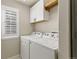 Functional laundry room with white washer and dryer, storage cabinets, and natural light at 9898 Mulberry Way, Highlands Ranch, CO 80129