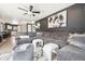 Spacious living room with comfortable seating, contemporary art, and a ceiling fan at 1325 S Clermont St, Denver, CO 80222