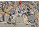 An aerial view shows the neighborhood surrounding this home, which is situated on a cul-de-sac at 13277 Elizabeth St, Thornton, CO 80241