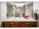 Bathroom with framed vanity mirror, warm lighting, and decorative pink flowers at 1102 Buffalo Ridge Rd, Castle Pines, CO 80108