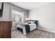 Bedroom with a blue bed frame, white sheets, gray rug, and a large window at 4213 Hickory Oaks St, Castle Rock, CO 80104