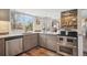 Updated kitchen features stainless steel appliances, gray cabinets, and a tile backsplash at 8029 W Hoover Pl, Littleton, CO 80123
