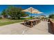 Outdoor dining area with a large wooden table, chairs, and umbrellas, perfect for entertaining guests at 8184 S Ireland Way, Aurora, CO 80016