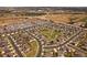 Drone shot of residential community, showcasing tree-lined streets, green spaces, and meticulously planned layout at 11828 Churchfield St, Parker, CO 80134