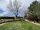 Spacious, well-maintained backyard with a large tree, flower beds, green grass, and a privacy fence at 12408 W 83Rd Ave, Arvada, CO 80005