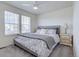 Inviting bedroom with soft neutral walls, large windows, soft carpeting, and a comfy bed with a gray patterned comforter at 8760 Ginkgo Loop, Parker, CO 80134