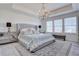 Beautiful main bedroom with trey ceiling, chandelier, plush carpet and lots of natural light at 8760 Ginkgo Loop, Parker, CO 80134