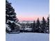 Winter backyard showcasing a gazebo, snow-covered lawn and trees, with mountain views at dawn at 251 Norse St, Golden, CO 80401