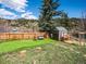 Fenced backyard with artificial grass, storage shed, and chicken coop at 2733 S Riverview Dr, Idledale, CO 80453