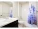 Well-maintained bathroom featuring a vanity, toilet, and shower-tub combination with blue accents at 8953 E Northfield Blvd, Denver, CO 80238