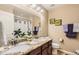 Bathroom featuring double sinks with granite counters and unique monkey-themed decor at 14110 Greenfield Loop, Parker, CO 80134