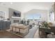 Bright living room with a fireplace, large windows offering scenic views, and stylish furniture at 174 Rockingham Cir, Castle Pines, CO 80108