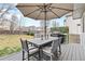 Outdoor deck featuring a dining table under a large umbrella, creating an inviting space for outdoor meals and relaxation at 5426 Bobcat St, Frederick, CO 80504