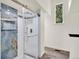 Modern bathroom with a white tiled shower, blue accents, and glass door at 953 Gilia Dr, Golden, CO 80401