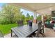 Covered outdoor dining area with a large table, chairs, and beautiful views of the landscaped backyard at 3075 Greensborough Dr, Highlands Ranch, CO 80129