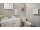 Charming half bathroom featuring a modern vanity, toilet, and tasteful decor at 5573 S Lowell Blvd, Littleton, CO 80123