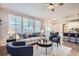 Stylish living area featuring hardwood floors, plantation shutters, and an open floor plan at 8695 Torrey St, Arvada, CO 80007