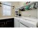 Functional laundry room with modern appliances, countertop space, and storage shelving at 8272 E 55Th Pl, Denver, CO 80238