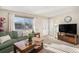 Bright living room showcasing a comfortable sofa, decorative pillows, and a wooden coffee table on carpeted floors at 9731 W Polk Dr, Littleton, CO 80123