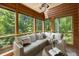 Inviting sunroom with comfortable seating, wood paneling, and large windows showcasing lush greenery at 761 Carr St, Lakewood, CO 80214