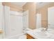 Bright bathroom featuring a shower-tub combination, a single sink vanity, and a neutral color palette at 19428 E Crestridge Cir, Centennial, CO 80015