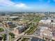 Wide aerial panorama capturing a stadium, cityscape, mountains, and the brick building's location at 1628 14Th St # 6A, Denver, CO 80202