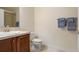 Simple bathroom featuring a single vanity and toilet with coordinating blue hand towels at 23590 E Jamison Pl, Aurora, CO 80016