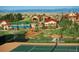 Aerial view featuring community amenities including a pool, playground, and tennis court at 7004 S Addison Ct, Aurora, CO 80016