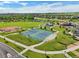 Aerial view of a community park featuring tennis courts, a playground, and green spaces in a Gathering neighborhood at 9139 Flora St, Arvada, CO 80005