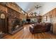 Inviting living room with stone fireplace, hardwood floors, and rustic decor creating a warm and cozy atmosphere at 28539 Douglas Park Rd, Evergreen, CO 80439