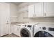 Laundry room with new front load washer and dryer, white cabinets and hanging rack at 9467 W Plymouth Ave, Littleton, CO 80128