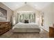 Bright main bedroom with bay window, neutral colors, carpet, and a large comfortable bed at 1551 S Grant St, Denver, CO 80210