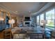 Spacious living room with a fireplace, large windows, and abundant natural light at 367 Josef Cir, Fort Lupton, CO 80621
