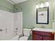 Bathroom with a shower-tub combo, vanity with mirror, and green painted walls at 8731 Wildrye Cir, Parker, CO 80134