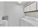 Bright laundry room featuring washer, dryer, storage and fresh white linens at 6102 E Yale Ave, Denver, CO 80222