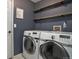 Laundry room with open shelving and white front-load washer and dryer at 8915 Edgewood Ln, Highlands Ranch, CO 80130