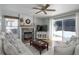 Cozy living room featuring a fireplace, hardwood floors, and sliding glass doors to the snowy backyard at 8915 Edgewood Ln, Highlands Ranch, CO 80130