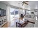 Open-concept living room showcasing hardwood floors, backyard views, and seamless access to the kitchen at 8915 Edgewood Ln, Highlands Ranch, CO 80130