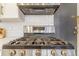 Kitchen features gas stove with stainless steel hood and white subway tile backsplash at 789 N Clarkson St # 406, Denver, CO 80218