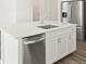 Close-up of kitchen island with white cabinets, stainless steel dishwasher, and sink at 571 Homestead Ave, Brighton, CO 80601