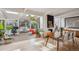 Sunlit living area with skylights, brick flooring, glass doors, comfortable seating, and stylish decor at 1423 S Eudora St, Denver, CO 80222