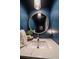 Stylish powder room featuring dark blue walls, gold fixtures, and a modern round mirror at 10701 Flagler Dr, Parker, CO 80134