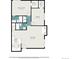Detailed floorplan shows living room, kitchen, two bathrooms, and two bedrooms at 381 S Ames St # F204, Lakewood, CO 80226