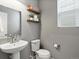 Powder room features a pedestal sink, toilet, and decorative shelves near the window at 5716 Boston Ct, Denver, CO 80238
