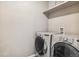 Functional laundry room with modern front load washer and dryer and built-in shelf at 12835 Randles Ave, Parker, CO 80134