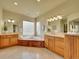 Bright bathroom featuring dual sinks, a soaking tub, and block glass window at 485 Sapphire Dr, Castle Rock, CO 80108