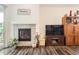 Modern living room featuring a fireplace, large TV, and elegant decor, perfect for relaxation and entertainment at 8153 S Ider Ct, Aurora, CO 80016