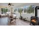 Charming dining area with a wood stove and a beautiful view of the outdoors at 37625 Pheasant Run, Elizabeth, CO 80107