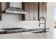 Close-up of the kitchen featuring modern appliances, a sleek range hood, and a stylish faucet at 7392 Timberstone St, Castle Pines, CO 80108